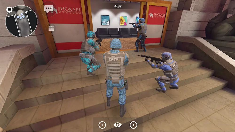 Critical Ops — first-person view of a defusal round in a marble lobby