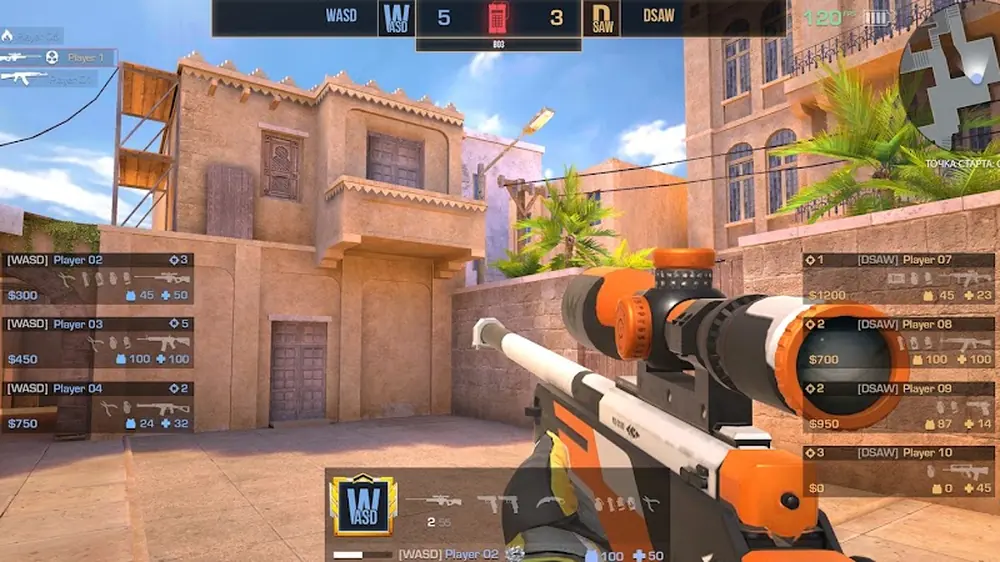 Standoff 2 — first-person view down a rifle towards a sandstone courtyard